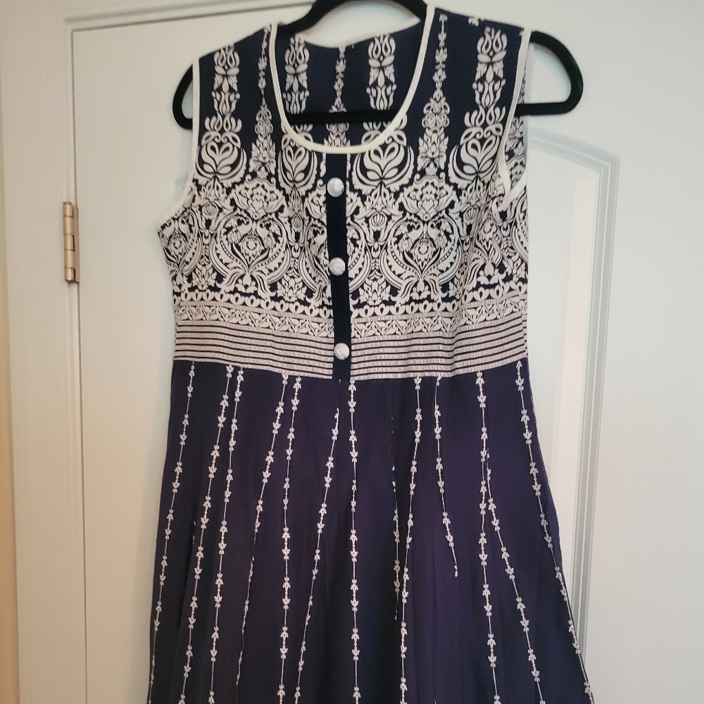 Damask Print Dress Cotton Blend Navy White Boho Statement Size L